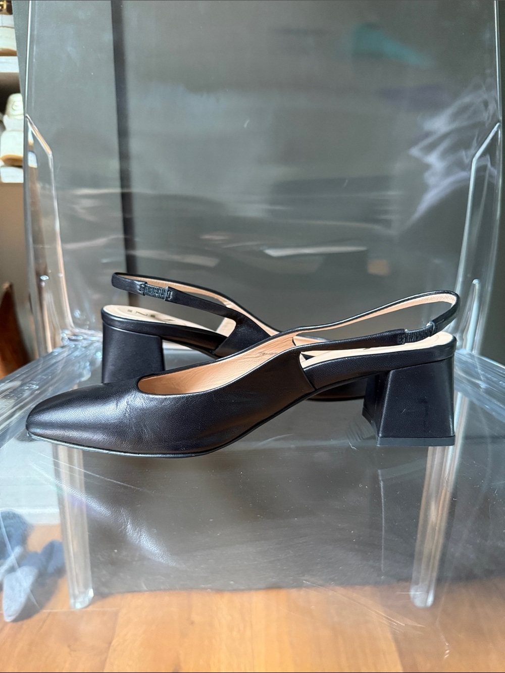 Inez Cara Black Leather Slingback Block Heel Pumps